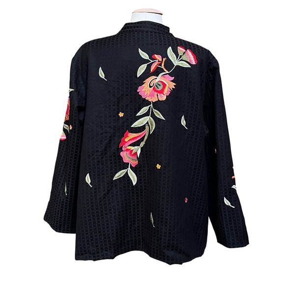 Maggie Barnes 2X Black Blazer Jacket  Pink Floral Embroidery Glass Bead Closures - Picture 4 of 7